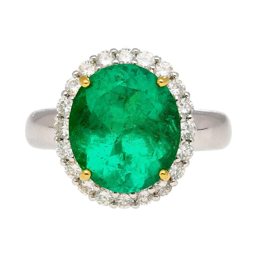 GRS Certified 5.03 Carat Oval Cut Minor Oil Colombian Emerald Ring with Diamond Halo in 18K White Gold