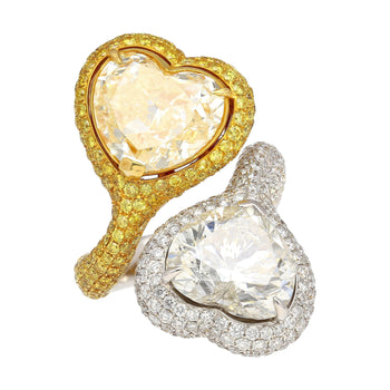 Heart Cut 5.79 & 5.73 Carat Fancy Yellow & White Diamond Toi Et Moi 18K Gold Ring – Assay Jewelers