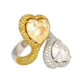 Heart Cut 5.79 & 5.73 Carat Fancy Yellow & White Diamond Toi Et Moi 18K Gold Ring – Assay Jewelers