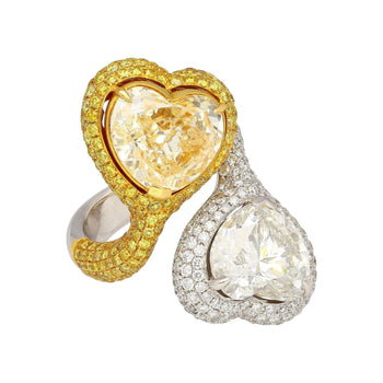 Heart Cut 5.79 & 5.73 Carat Fancy Yellow & White Diamond Toi Et Moi 18K Gold Ring – Assay Jewelers