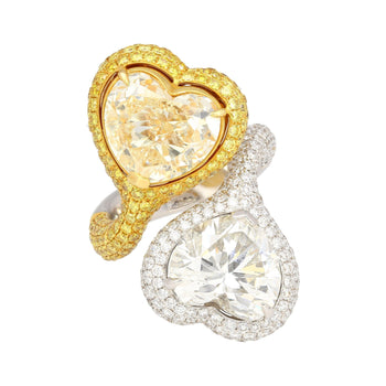 Heart Cut 5.79 & 5.73 Carat Fancy Yellow & White Diamond Toi Et Moi 18K Gold Ring – Assay Jewelers