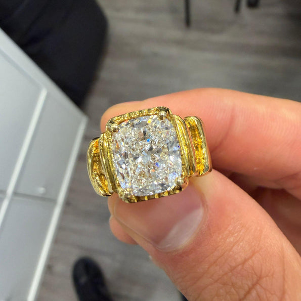 IGI 4.22 Carat Lab Cushion Diamond Misani 18K Gold Bark Texture Ring