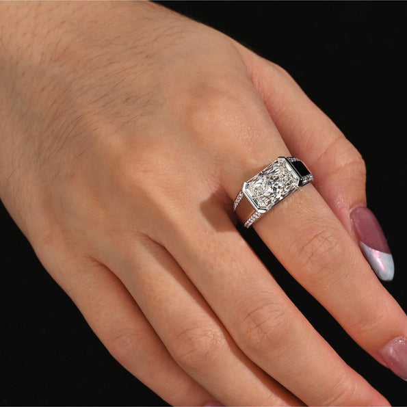 IGI Certified 5.5 Carat Radiant Cut Lab Diamond Half Bezel East-West Unisex Ring