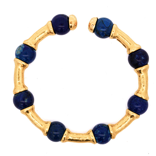 Lapis Lazuli 21K Gold Hammered Finish Bead Bangle Bracelet