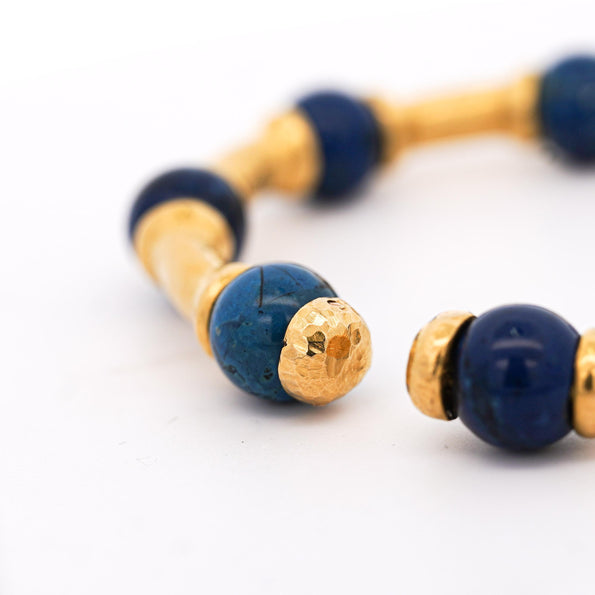 Lapis Lazuli 21K Gold Hammered Finish Bead Bangle Bracelet