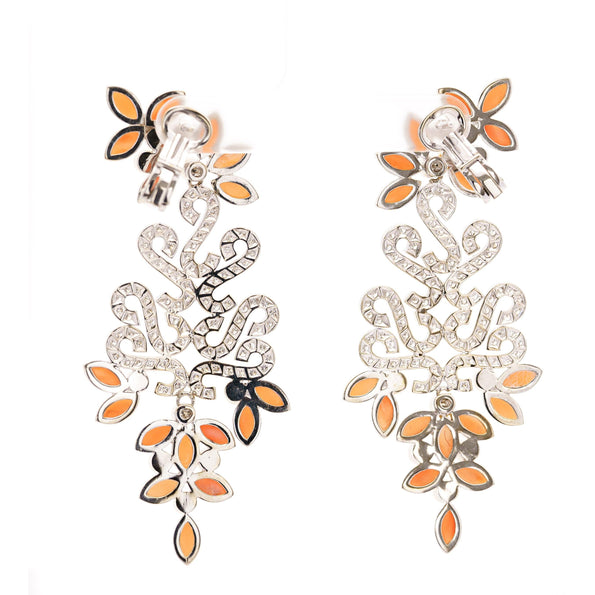 Marquise Coral, Pearl, And Diamond Floral Drop Earrings in 18k White Gold