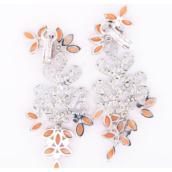 Marquise Coral, Pearl, And Diamond Floral Drop Earrings in 18k White Gold