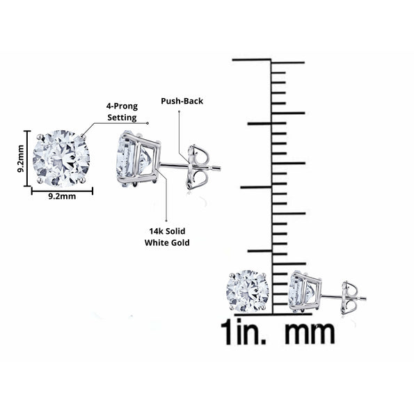 Mens 3 Carat Round Lab Grown Diamond Single Stud Earrings in White Gold - 4 Prong