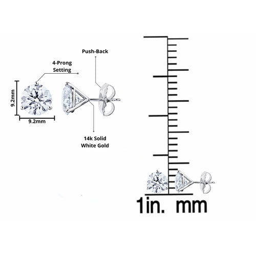 Mens 3 Carat Round Lab Grown Diamond Stud Earrings in 14k solid Gold - 3 Prong