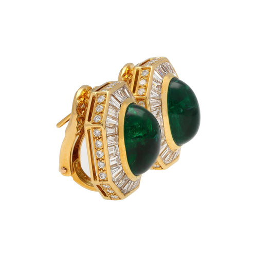 Mouawad Signed Vivid Cabochon Emeralds & Baguette Diamond Halo Clip On Earrings