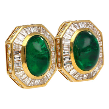 Mouawad Signed Vivid Cabochon Emeralds & Baguette Diamond Halo Clip On Earrings – Assay Jewelers