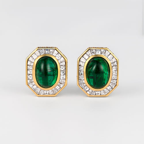 Mouawad Signed Vivid Cabochon Emeralds & Baguette Diamond Halo Clip On Earrings