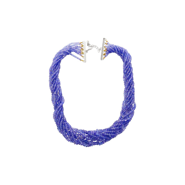 Multi-Strand Blue Tanzanite Beads & Round Cut Diamond Necklace in 18K White Gold