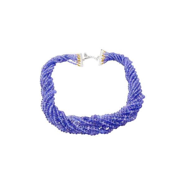 Multi-Strand Blue Tanzanite Beads & Round Cut Diamond Necklace in 18K White Gold