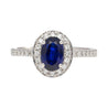 Natural 1.45 Carat Oval Cut Blue Sapphire and Diamond Halo 18k White Gold Ring