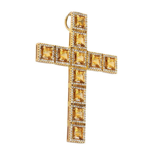 Natural 2.33 Carat Princess Cut Yellow Sapphire & Diamond Halo Cross Pendant