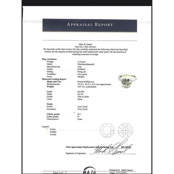 Bague solitaire en platine avec diamant rond naturel de 4,07 carats H/SI1 et large anneau – Assay Jewelers