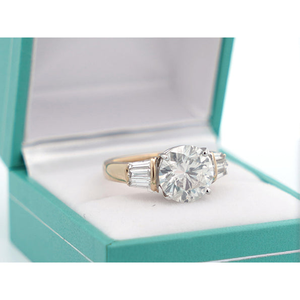 Natural 4.21 Carat Round Diamond Engagement Ring with Baguette Diamonds