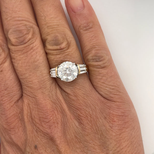 Natural 4.21 Carat Round Diamond Engagement Ring with Baguette Diamonds