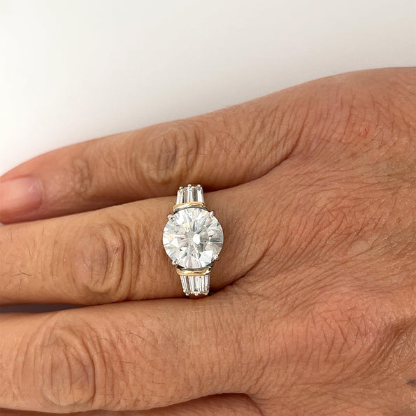 Natural 4.21 Carat Round Diamond Engagement Ring with Baguette Diamonds