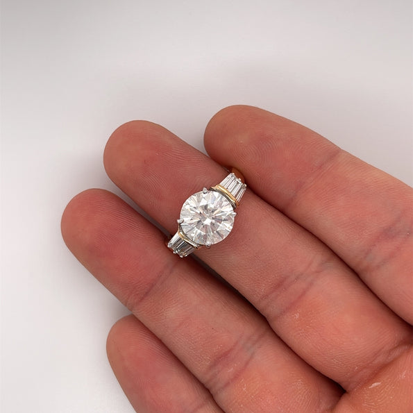 Natural 4.21 Carat Round Diamond Engagement Ring with Baguette Diamonds