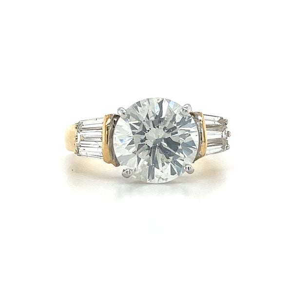 Natural 4.21 Carat Round Diamond Engagement Ring with Baguette Diamonds