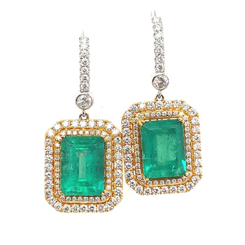 Natural Colombian 7.36 CTTW Emerald & Diamond Halo Dangle Drop 18K Gold Earrings – Assay Jewelers