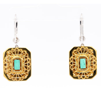 Natural Colombian 7.36 CTTW Emerald & Diamond Halo Dangle Drop 18K Gold Earrings – Assay Jewelers