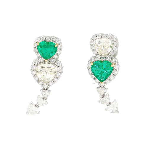 Natural Diamond and Emerald Heart Cut Mirrored Drop Earrings in 18k White Gold