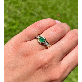 Natural Emerald Bezel Set Cabochon Cut Ring With Princess Cut Diamonds in 18K Yellow Gold – Assay Jewelers
