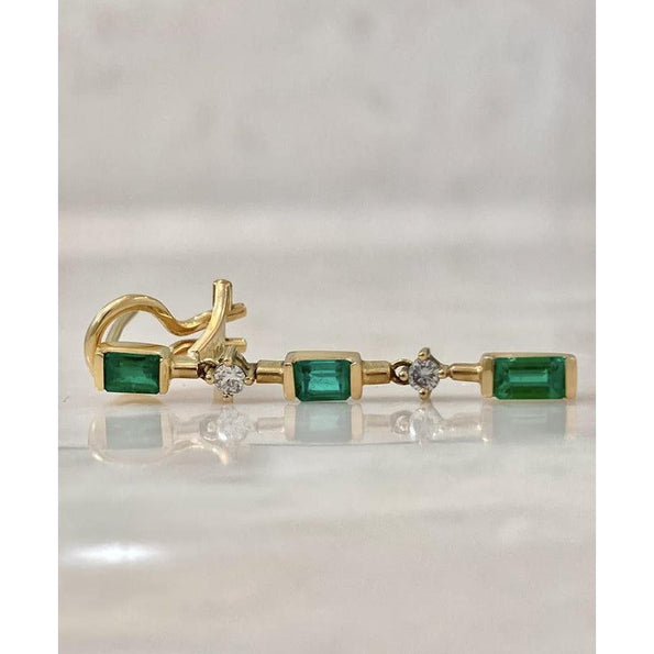 Natural Emerald Drop Earrings in 14k Gold Clip On Closure