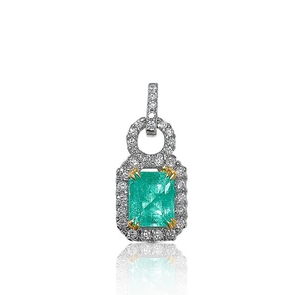 Natural Emerald Pendant and Diamond Halo in 18k Solid White Gold