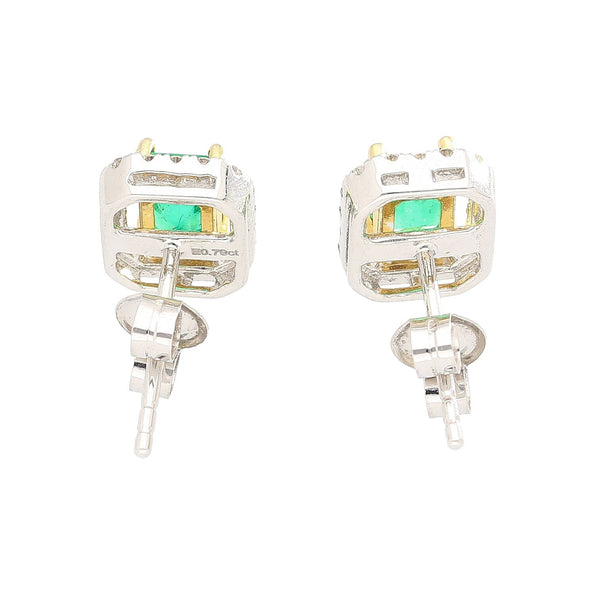 Natural Emerald and Diamond Halo Stud Earrings in 18K White Gold