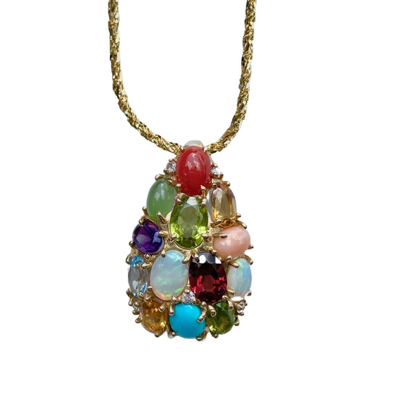 Natural Gemstone Cluster Pendant and 14k gold Necklace