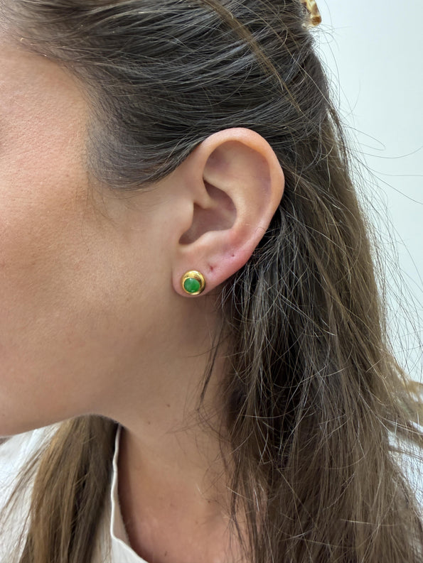 Natural Oval Cabochon Jadeite Jade Bezel Set in 18K Yellow Gold Stud Earrings