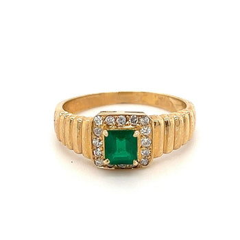 Natural Square Cut Emerald and Round Diamond Halo in 14k Ribbed Gold Ring – Assay Jewelers