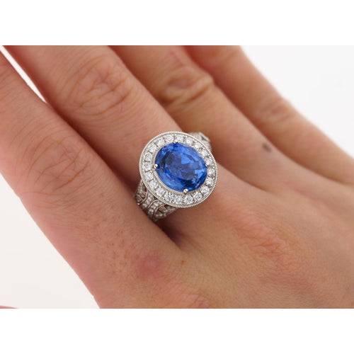 No Heat 4.79 Carat Blue Ceylon Sapphire with Diamonds in 18K Gold Ring