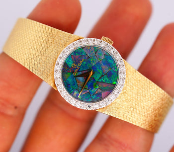 Omega 23mm Fire Black Opal Dial & Diamond Bezel 14K Gold Vintage Watch – Assay Jewelers