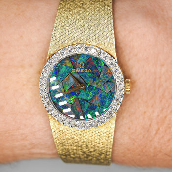 Omega 23mm Fire Black Opal Dial & Diamond Bezel 14K Gold Vintage Watch – Assay Jewelers