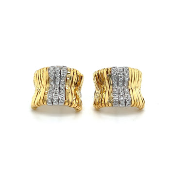 Orlandini Signed 18K Two Tone Gold Ribbed Bar Hug Hoop Earrings with Round Cut Diamonds – Assay Jewelers