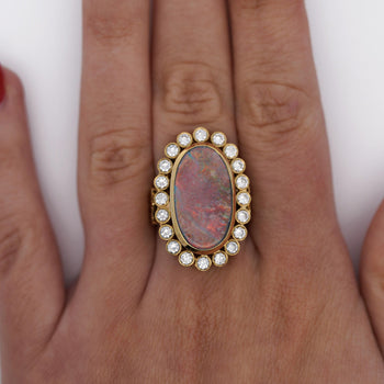 Oval Boulder Opal & 2 Carat Round Cut Diamond Halo 18K Gold Vintage Ring – Assay Jewelers