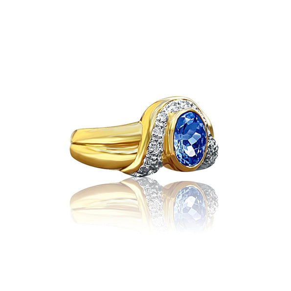 Oval Cut Tanzanite Statement Double Band Ring in 14k Yellow Gold