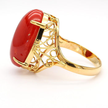 Oval Redish Orange Coral Cabochon 18K Gold Filigree Scrollwork Ring – Assay Jewelers