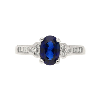 Oval cut Natural Blue Sapphire with natural baguette cut diamonds in 18k solid white gold – Assay Jewelers