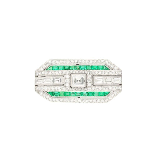 Platinum and 18K White Gold Brooch with Diamonds and Emerald