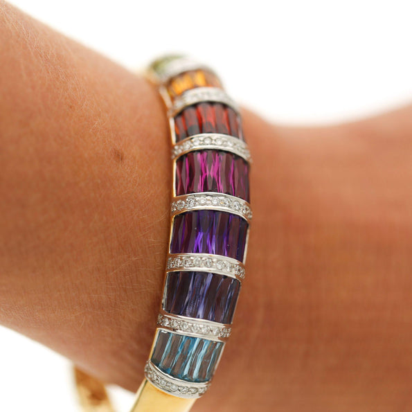 Rainbow Multi-Color Gemstone Baguette 18K Gold Band Bangle Bracelet
