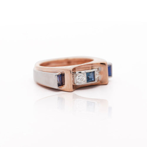 Retro Style Sapphire & Diamond Channel 14K Two Tone Unisex Band Ring