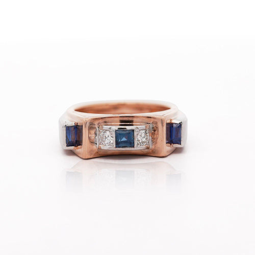 Retro Style Sapphire & Diamond Channel 14K Two Tone Unisex Band Ring