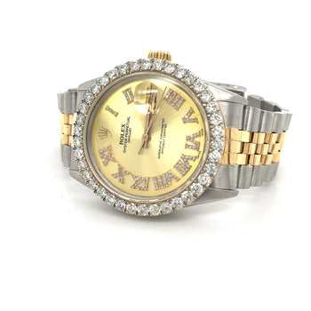 Rolex DateJust 16013 | 3 Carat Diamond Bezel and Roman Numeral Hour Marker with 36mm Dial – Assay Jewelers