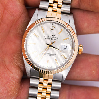 Rolex Datejust Silver Tapestry Dial 2 Tone Jubilee 36mm 16013 Watch Box/Papers – Assay Jewelers
